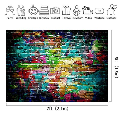Riyidecor Colorful Brick Wall Backdrop 7Wx5H Feet Graffiti 80's 90's Hip Hop Disco Fabric Polyester Graduation Themed Party Photography Background Retro Block Portrait Decoration Props Photo Shoot - Thumbnail 3