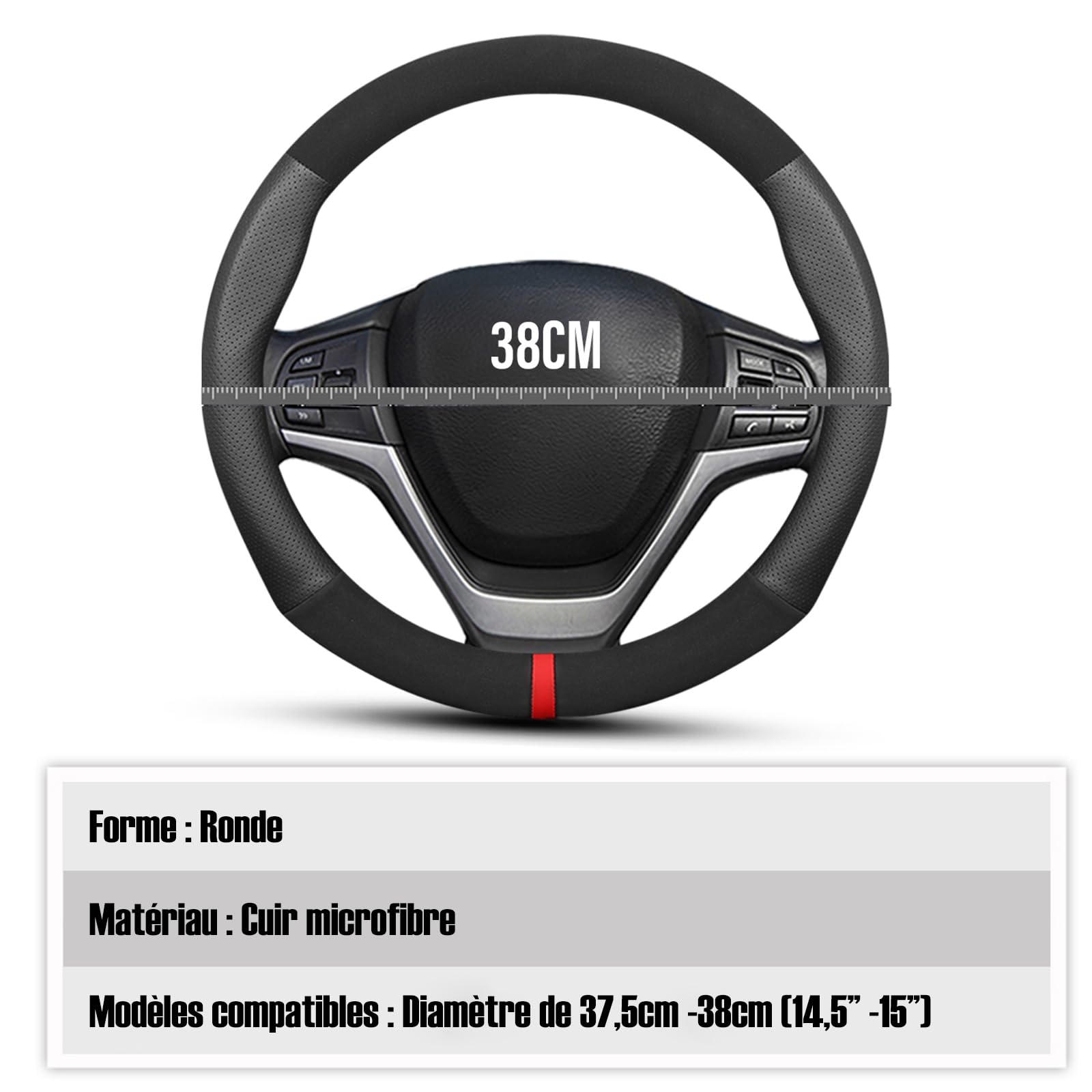Ergocar Couvre Volant de Voiture Cuir Microfibre et Cuir PU Sport Volant Protecteur Antidérapant pour Diamètre 38cm(15 ") (D-Noir-F)