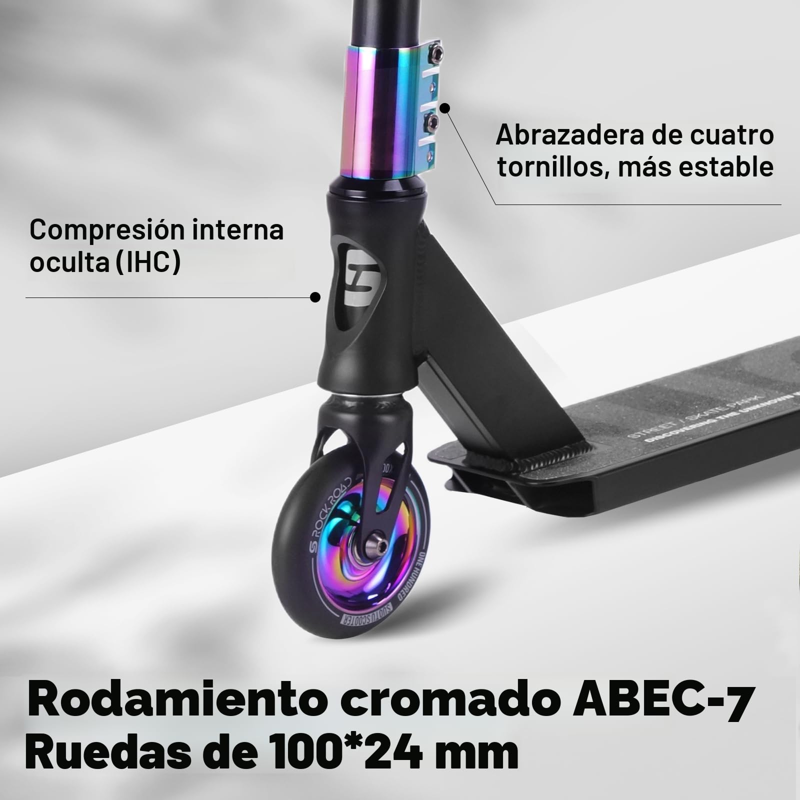Patinete Freestyle, Dirección de 360°, Ruedas de PU de 85A 100 mm, Scooter Freestyle para Niños Adolescente y Adultos, Capacidad Máxima de Carga: 100 kg, Aluminio (Negro– Arcoíris)
