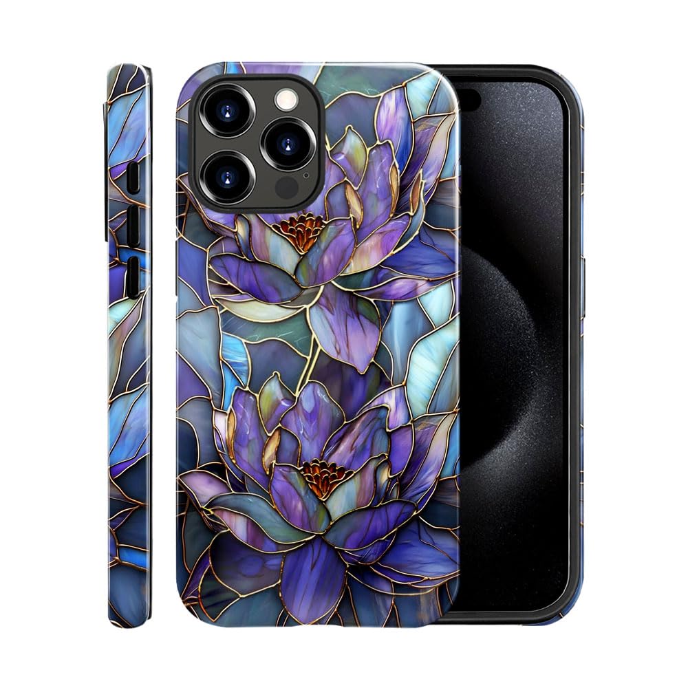 Case for iPhone 15 Pro,Glossy Case Cover for Women Girls,Drop Scratch Protective-Abstract Purple Lotus