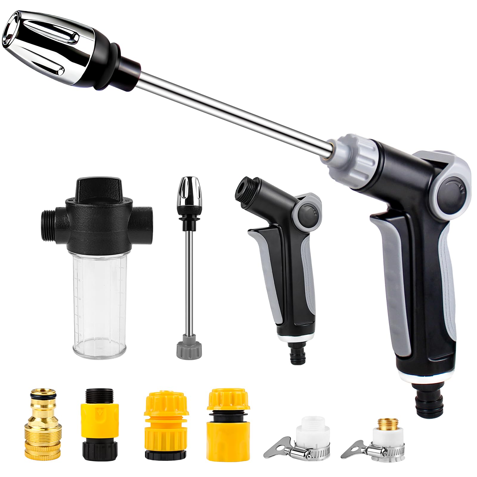 Power Jet Hochdruckpistole für Gartenschlauch mit Arretierung & Wasserregler, 3 Strahlarten Gartenspritze, Ergonomisch & Rostfrei, Ideal für Auto, Garten & Reinigung