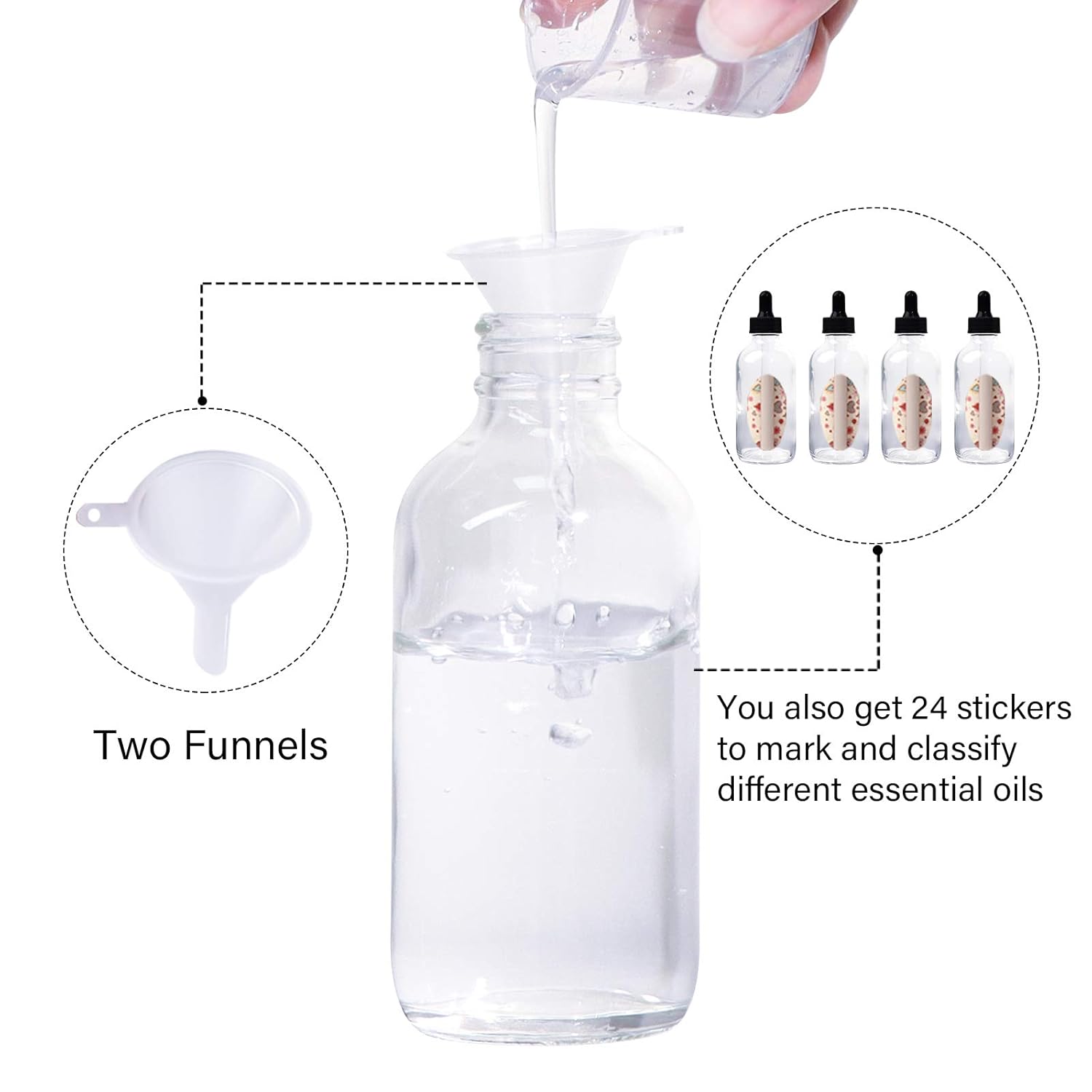 12 Pack 4oz Clear Glass Bottles with Glass Eye Droppers for Essential Oils, Perfumes & Lab Chemicals (1 Brush, 2 Funnels, 2 Extra Droppers, 24 Pieces Labels & 30ml Measuring Cup Included) - Image 3