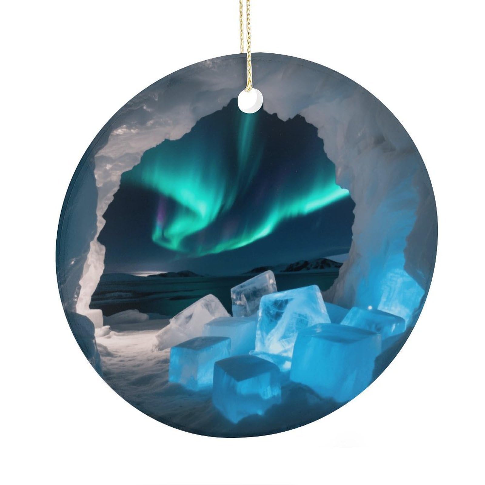 Fekiloot Style Ice Caves And Aurora Christmas Ornaments 2.9 Inch Round Ceramic Ornament Keepsake Thank You Gifts For Office, Room, Home - Holiday Present Ideas