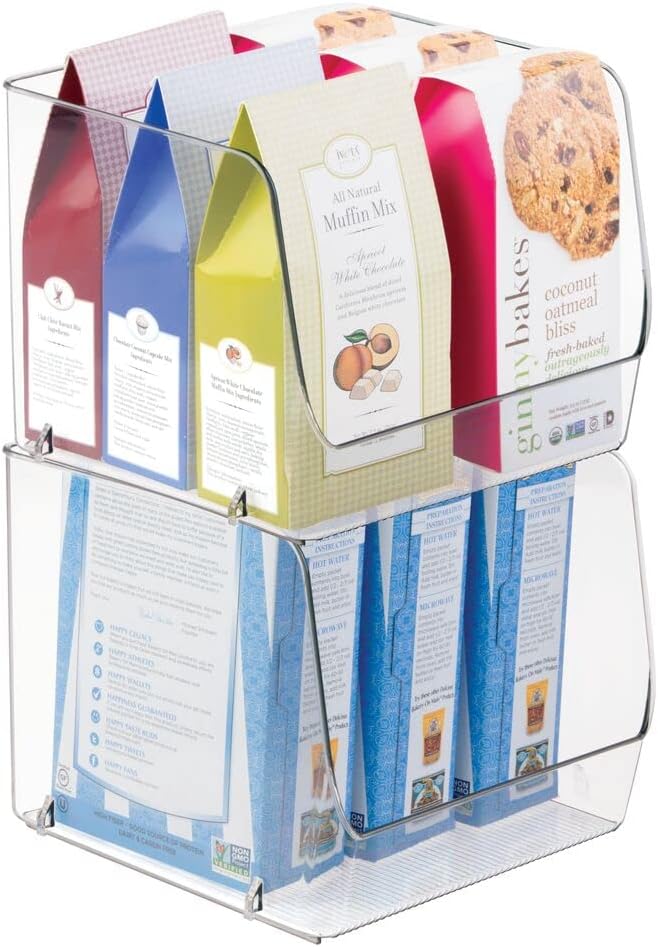 mDesign Extra Large Household Stackable Plastic Food Storage Organizer Bin Basket with Wide Open Front for Kitchen Cabinets, Pantry, Offices, Closets, Bedrooms, Bathrooms - 8.5" Wide, 2 Pack - Clear Clear 8.5 x 8.5 x 7.25