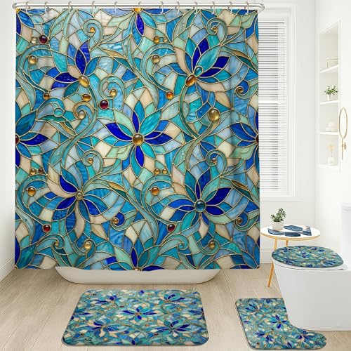 Rideau de douche bleu 183x183 cm avec tapis de bain lavable et crochets - 4