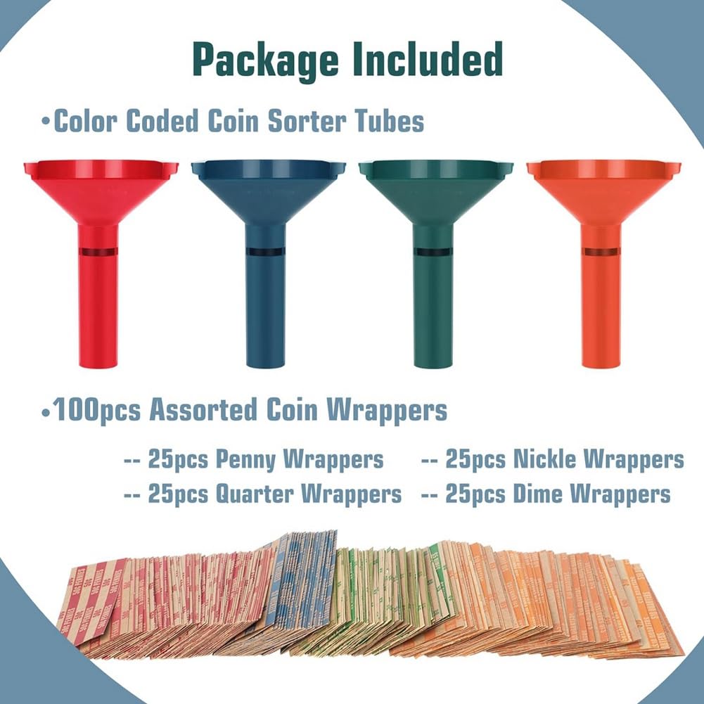 Tubes de Tri de Pièces de Monnaie, Ensemble de 4 avec Emballages de Pièces Assortis de 100 Pièces pour Quart, et Penny