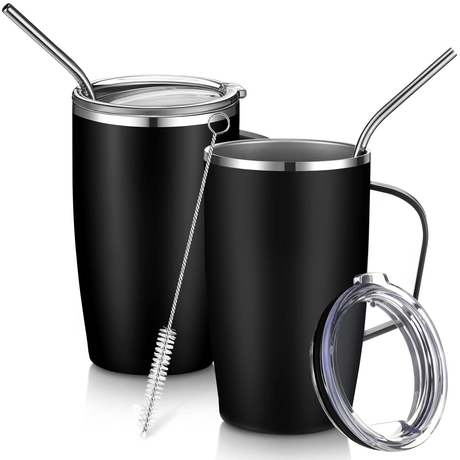 meekoo 2 Pack Christmas Gifts 16 oz Insulated Coffee Mug Camping Vacuum Travel Cup Tumbler with Lid Straw Handle for Thanksgiving End of Year Gift for Women Men(Black)