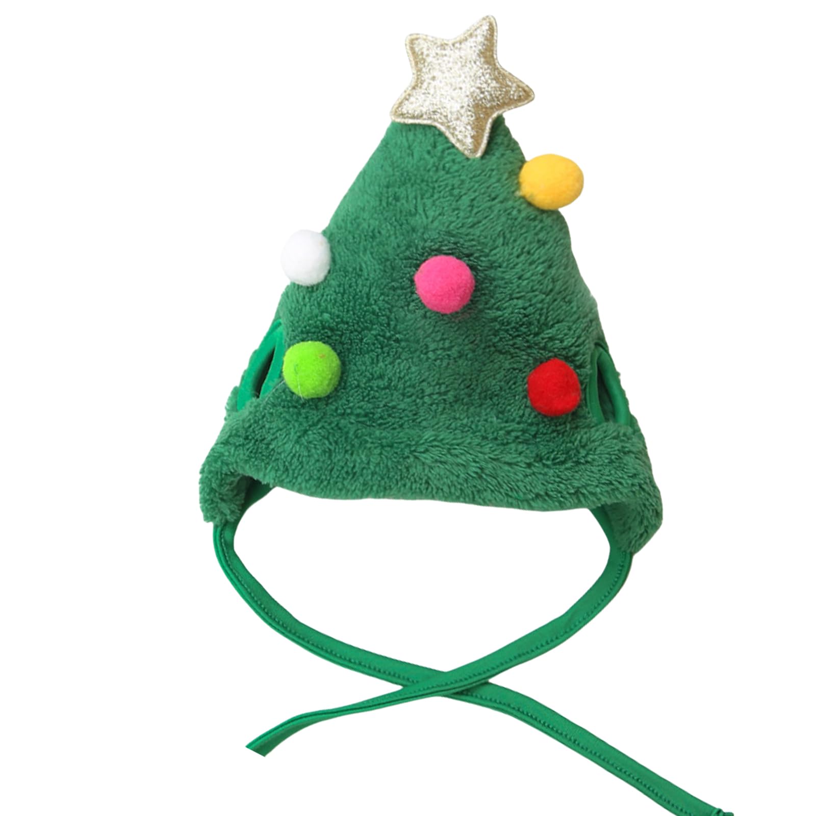 Sehuby Green Hat Colorful Balls Reindeer Christmas Tree Headwear Hat For Dog, Green, S, Polyester, Unique Design (Star And Pompoms), Festive Theme