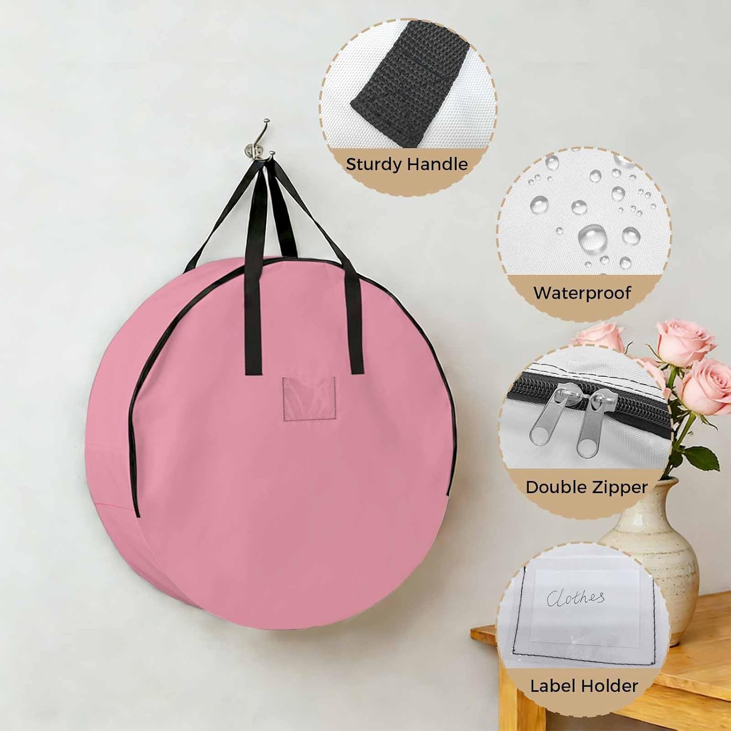 Dark Pink Round Storage Bag 36 Inch, Solid Color Clothes Storage Container with Handles Heavy Duty Organizer for Comforter, Bedding & Holiday Wreaths