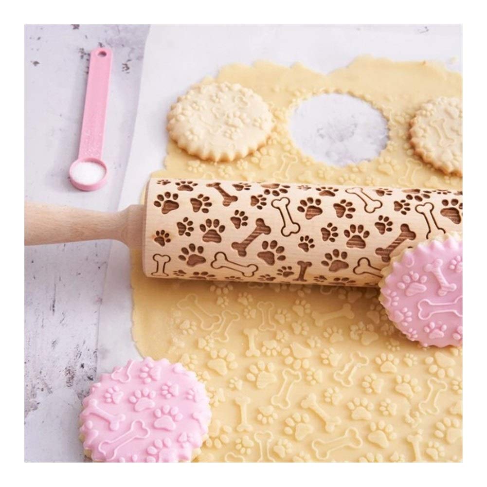 Rouleau à pâtisserie Noël gaufré Paws en bois sculpté de haute précision 35cm