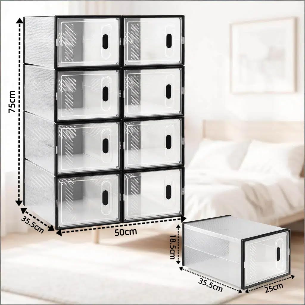 Caja de almacenamiento de zapatos apilable, juego de 8, transparente | Cajas de almacenamiento modulares para zapatero, 20 kg, color negro