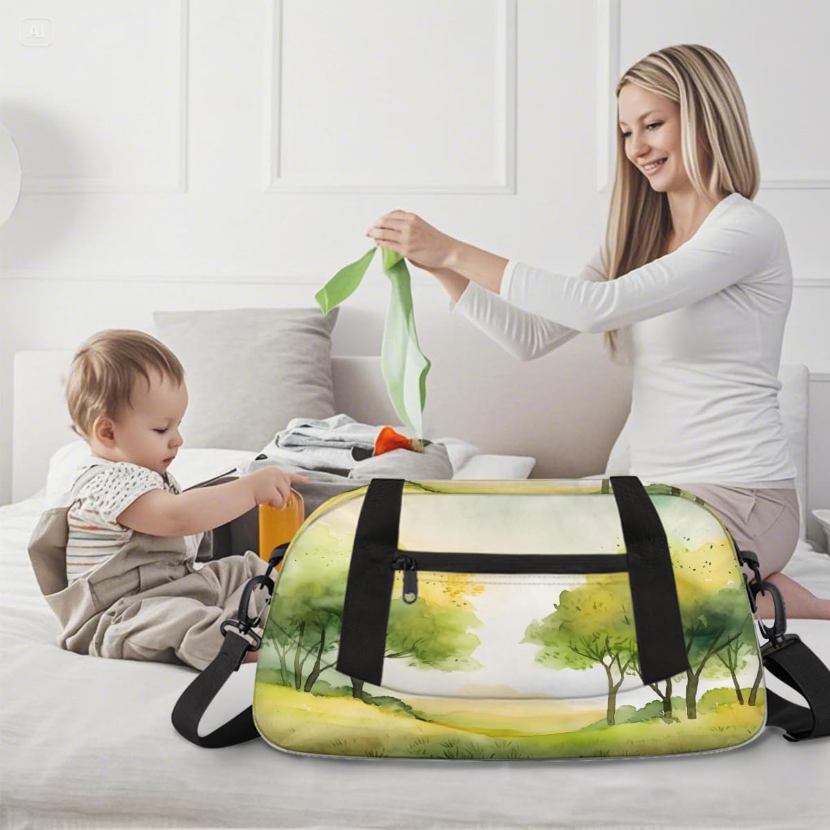 Kids Travel Duffle Bag Weekender Overnight Bag Gym Tote for Boy Girls Carry On Workout Duffel Bag(Watercolor Trees Green)