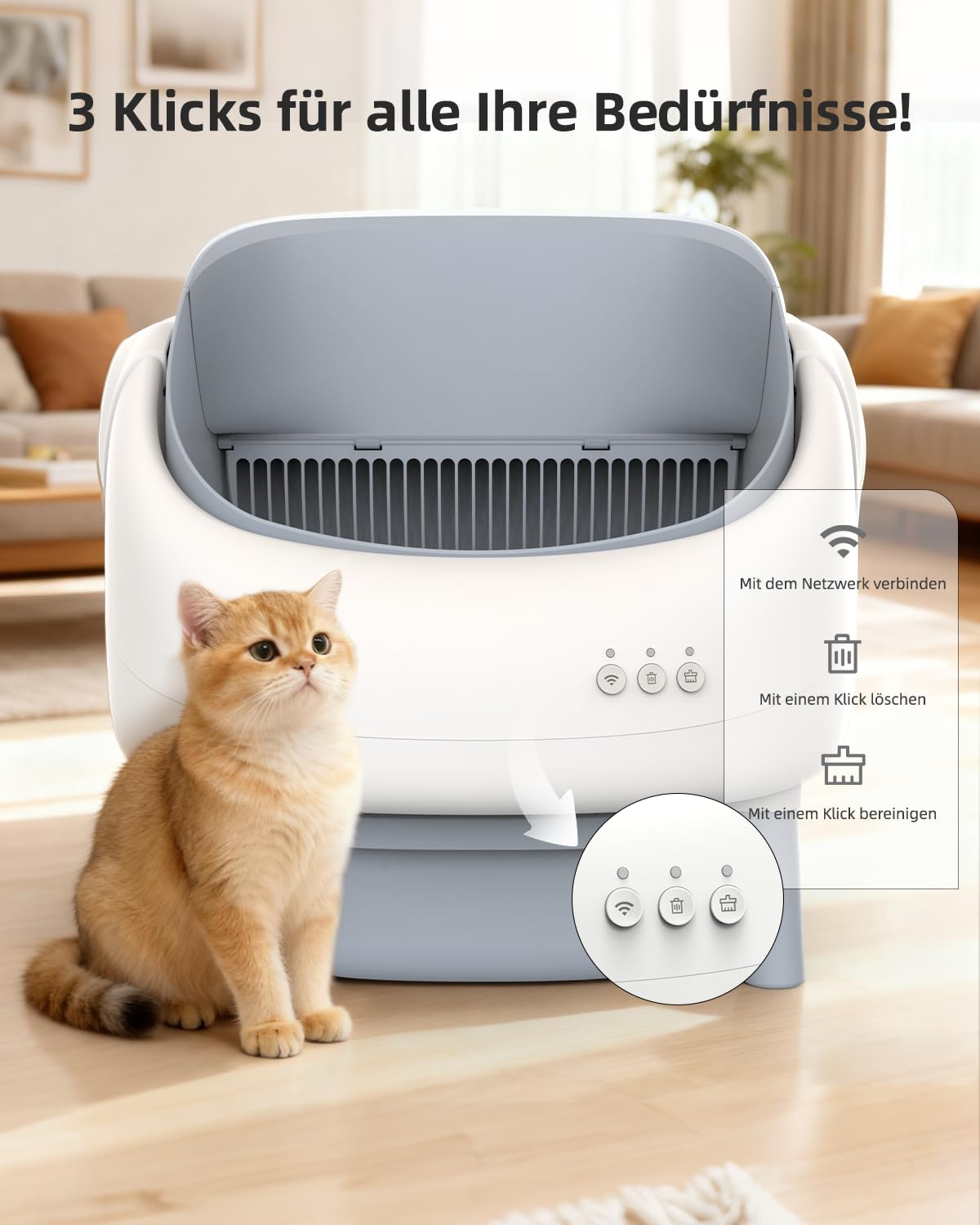 Selbstreinigende Katzentoilette Offen, Katzenklo Selbstreinigend mit APP-Steuerung, Dual Sicherheitssensoren, Intelligenter Einklemmenschutz, Inklusive Müllbeutel, für Mehrere Katzen