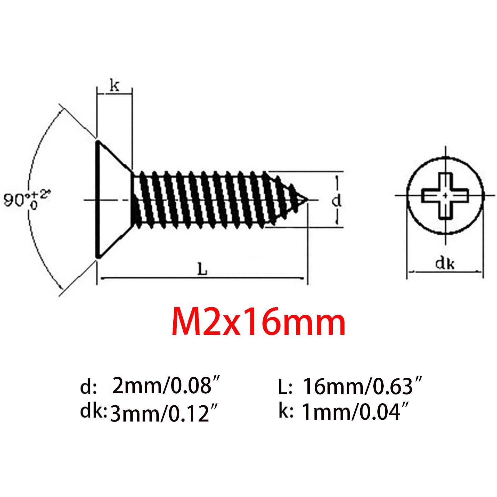 100 Pcs M2x16mm Flat Head Wood Self Tapping 304 Stainless Steel Screw Phillips Head Self Drilling