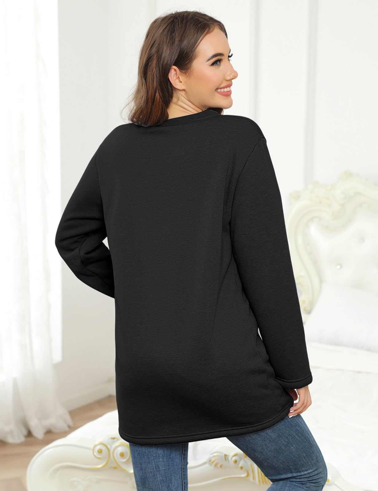 Nadeer Sweat Polaire Femme Hiver Pull Sweatshirt Manches Longues Col Rond Coton Sweat sans Capuche Couleur Unie Doublé Chaud Pullover Loose Casual Loungewear Haut