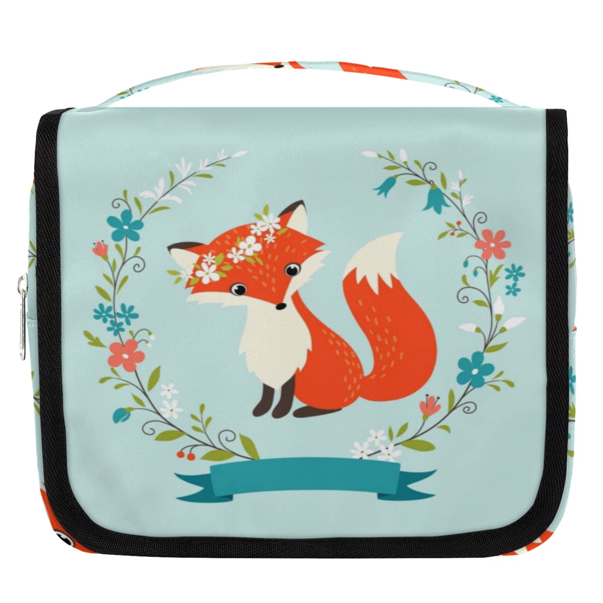 Kulturbeutel mit Fuchs-Blumen-Motiv, Unisex, hängende Toilettenartikel, Kosmetik, Make-up-Organizer