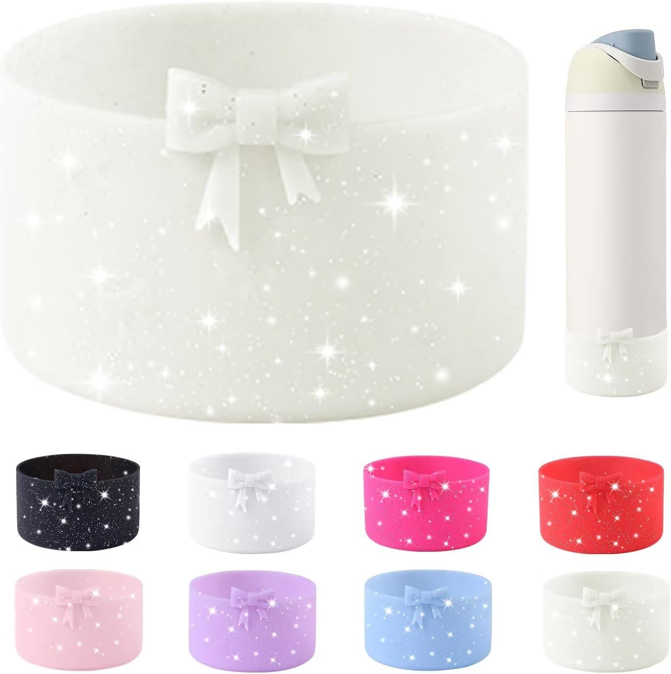 Glitter Bow Silicone Boot for Owala 32oz Water Bottle,Anti-Slip Protective Sleeve Bottom Bumper Protector for FreeSip, Twist, and Flip Stainless Steel Water Bottles Accessories-Beige