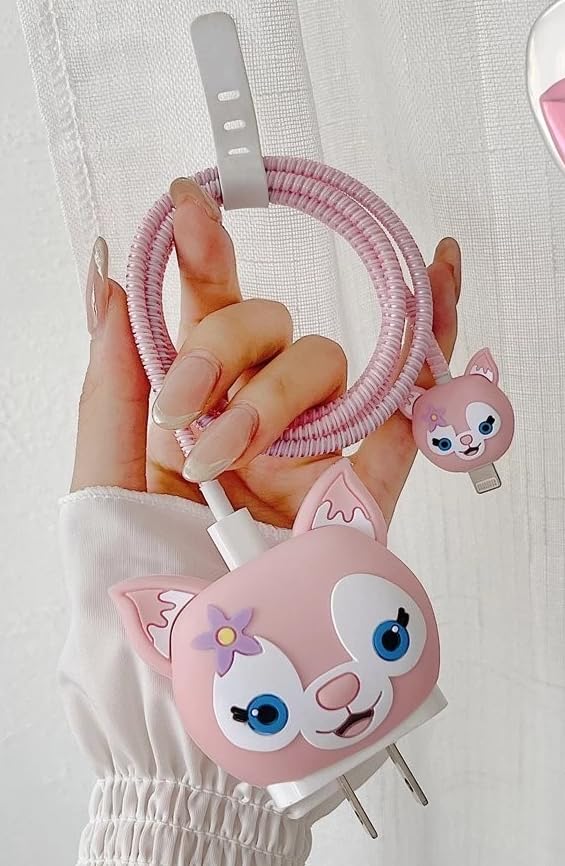 Image of Meyaar Silicone Protective Case for Apple 20W & 18W iPhone USB-C Power Adapter Charger and for USB Lightning Cable, 3D Cartoon Case for iPhone Charger 18W /20W Only (Kitty (Pink))
