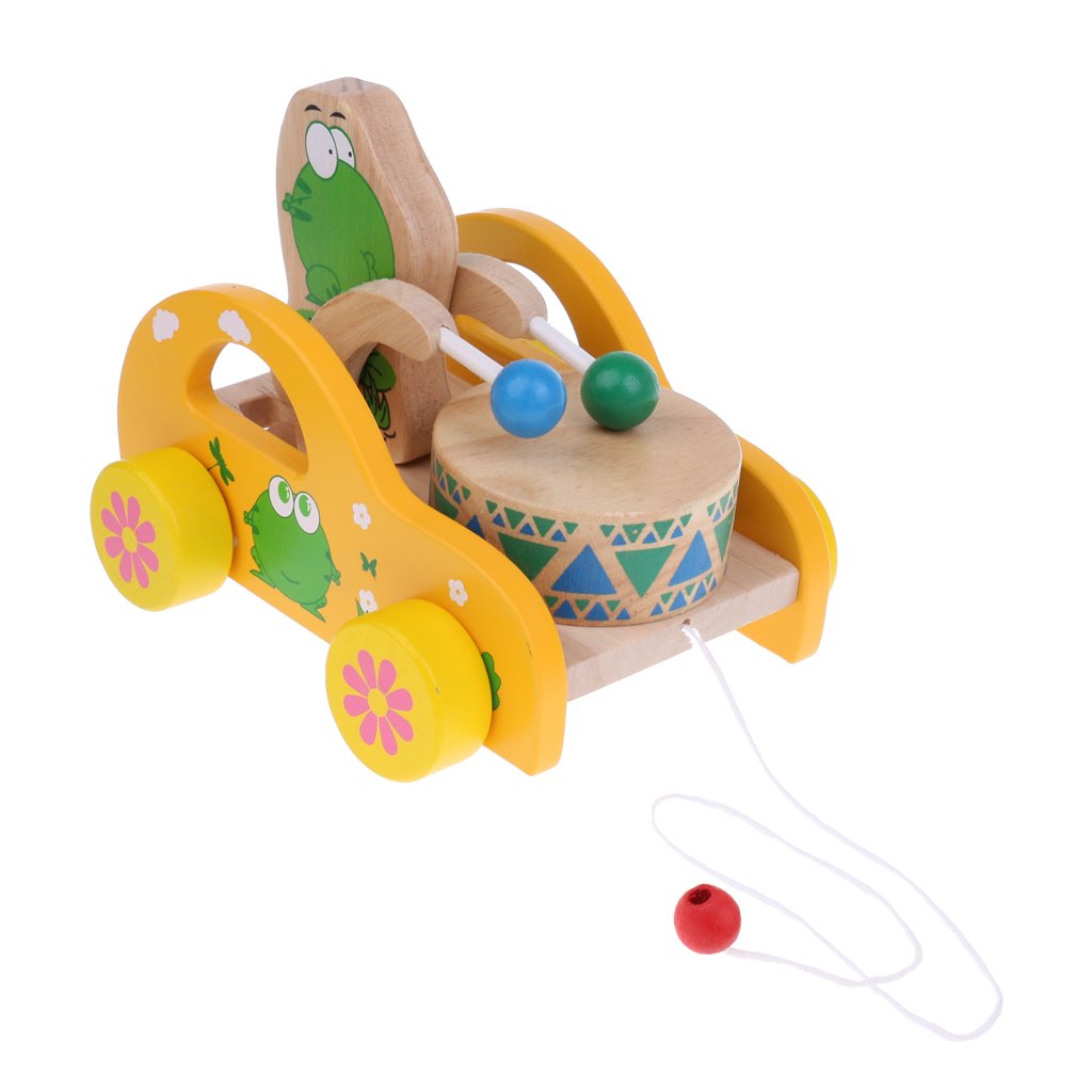 NF&E Baby Kid Children Developmental Wooden Sound Bear Drum Drag Along Walker Toys