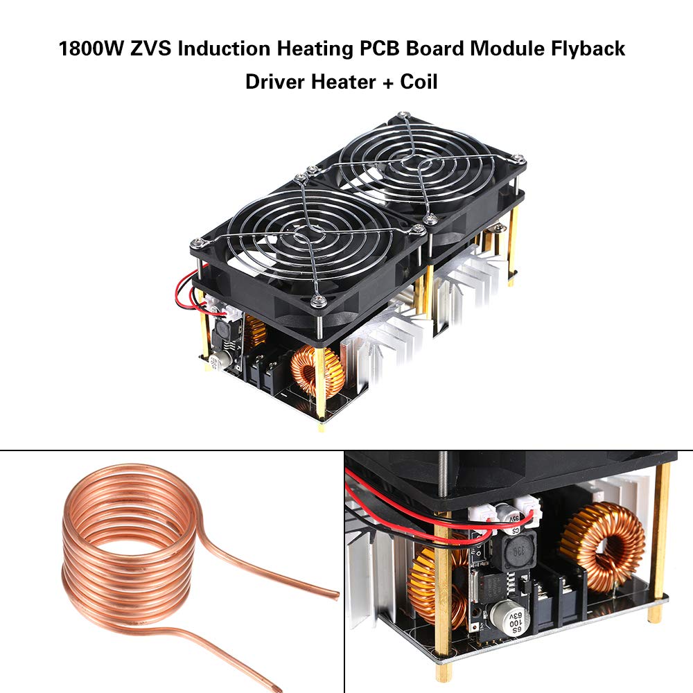 Induktionsheizplatine, 1800W 40A 12V-48V ZVS Hochfrequenz Induktionserwärmung Induktionsheizungsausschöpfermodul DIY Flyback Driver Heizung Gute Wärmeableitung mit Spulenzubehör Treiberheizung