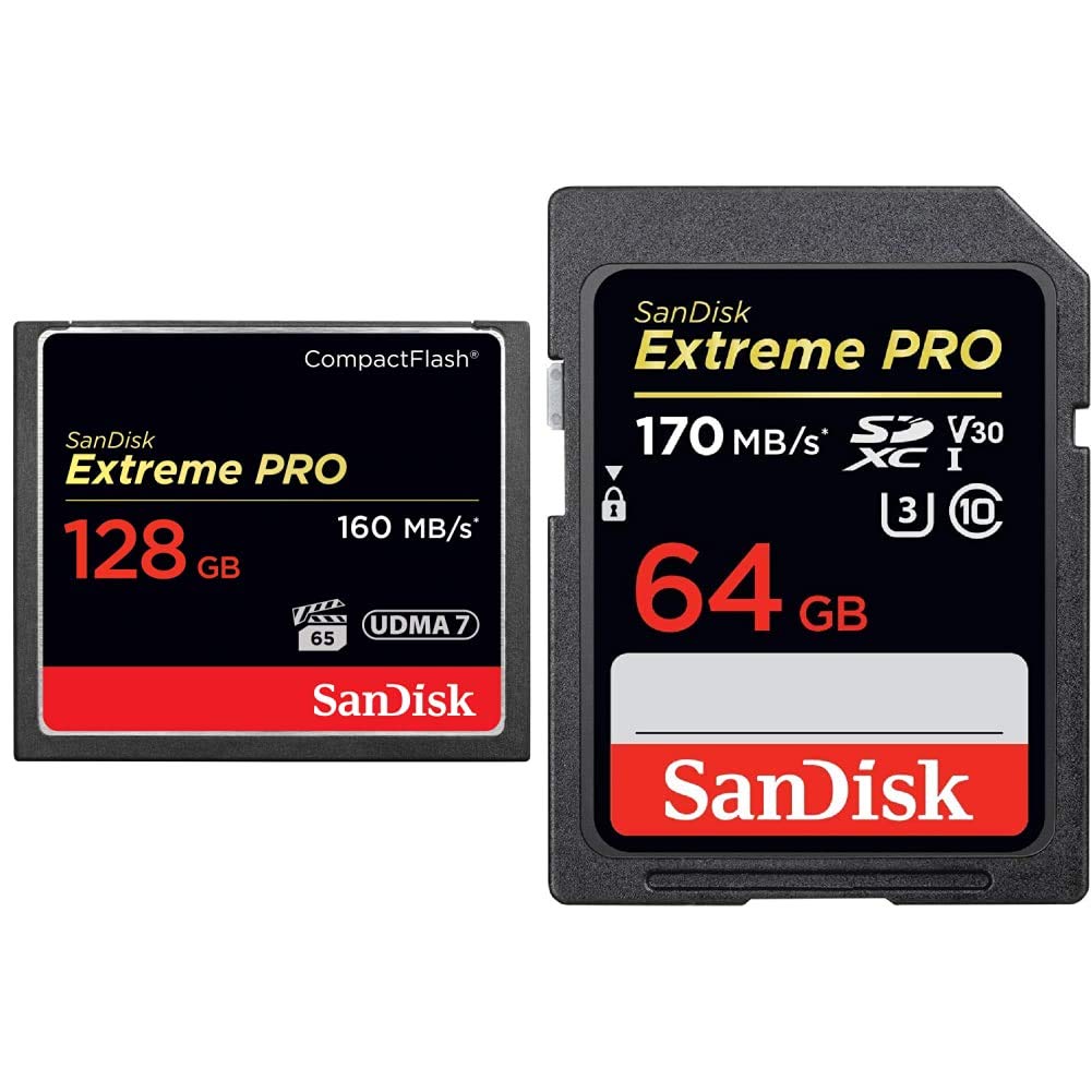 SanDisk Extreme PRO 128GB CompactFlash Memory Card UDMA 7 Speed Up to 160MB/s- SDCFXPS-128G-X46 & 64GB Extreme PRO SDXC UHS-I Card - C10, U3, V30, 4K UHD, SD Card - SDSDXXY-064G-GN4IN