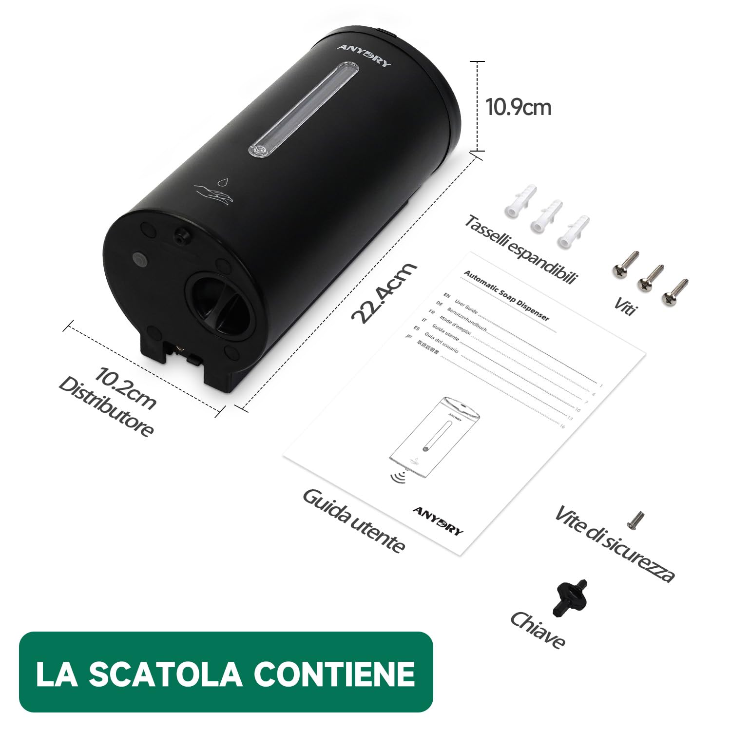 anydry Dispenser automatico a parete per sapone liquido anydry 750ml (uso commerciale) – Rivestimenti anticorrosione, Modello 1205E （Nero Opaco）