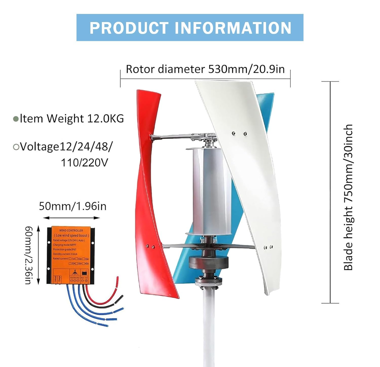 Kit generatore eolico verticale da 18000 W, per uso domestico ed esterno, compatibile con 12 V/24 V/48 V, 3 pale a magnete permanente, sistema ibrido di energia eolica e solare, colorato.