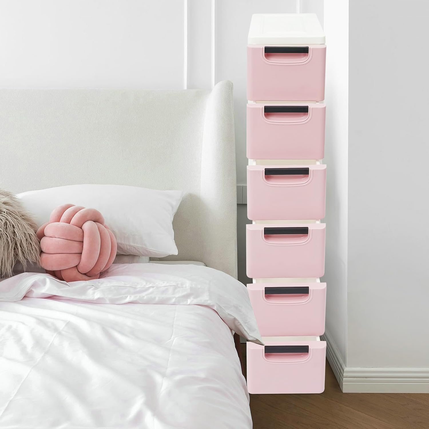 6 Drawers Storage Cart Rolling Storage Drawer Cart Narrow Plastic Dresser Rolling Organizer Cart Storage Unit on Wheels Bathroom Art Craft Supplies Mobile Slim Utility (Dark Pink)