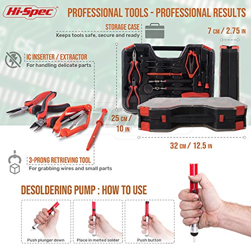 Hi-Spec 60 Piece Electronics Electrical Engineer Tool Kit with 30W Soldering Iron, Desoldering Pump,    Wire Crimper, Stripper, Cutter, Magnetic Ratcheting Screwdriver and Bits, IC Extractor Tool in Case