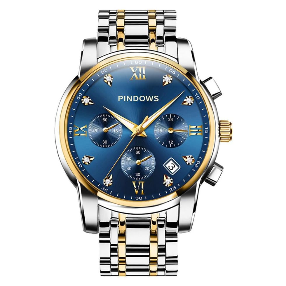 PINDOWS Herrenuhren Luxus Quarz-Analoguhr Datumsanzeige und großem Ziffernblatt wasserdichte modische Business-Armbanduhr Elegante zweifarbige Edelstahl-Klassiker-Herrenuhr mit beleuchtetem Kalender