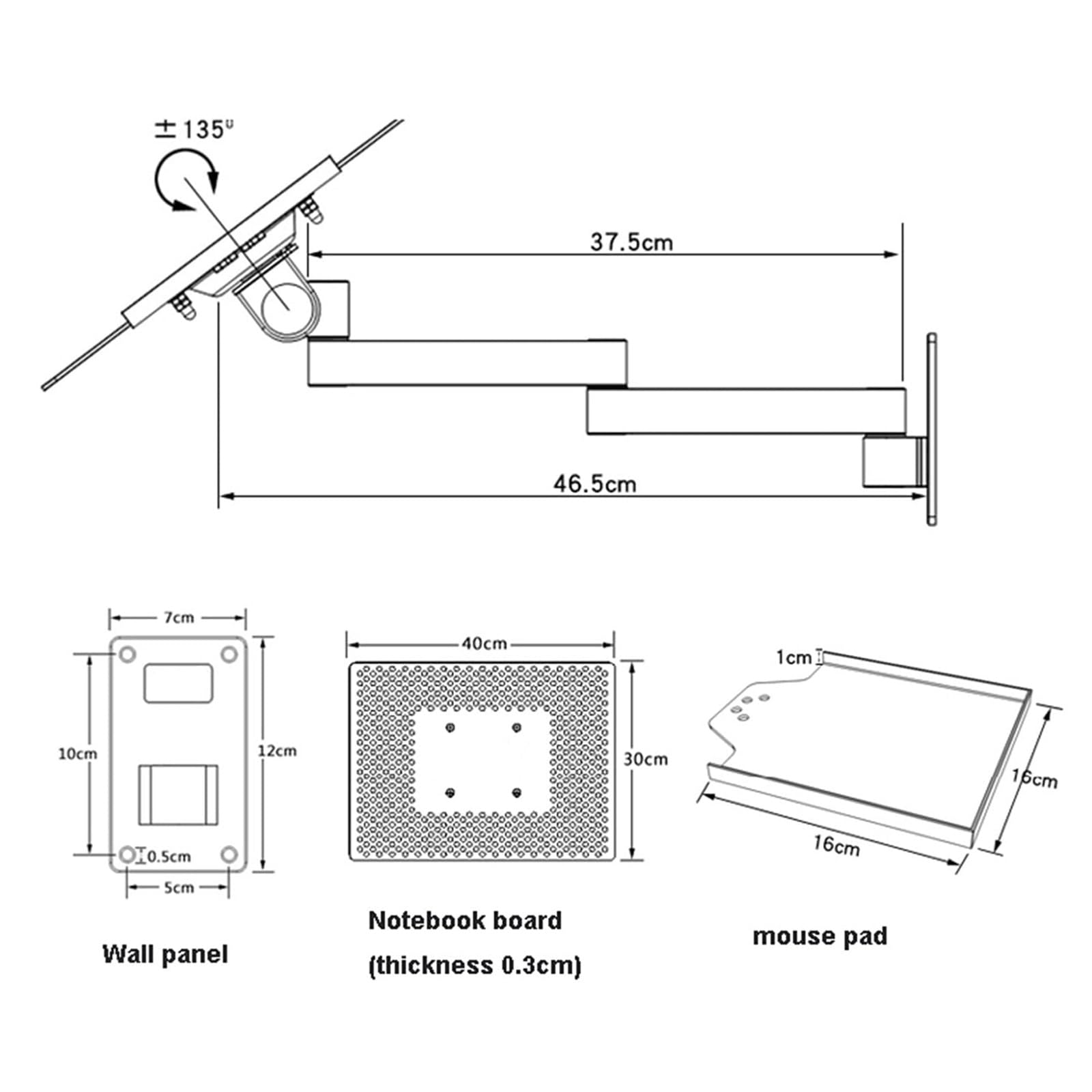 Soporte de pared para portátil con bandeja para mouse, aleación de aluminio, rotación de 3 ejes, rejillas de ventilación, tornillos de expansión incluidos para portátiles y monitores