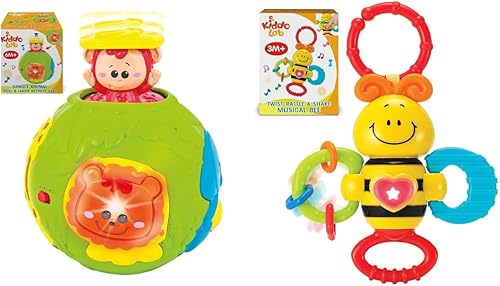 KiddoLab Twist & Rattle - Pelota musical de actividades de abeja y selva para rodar y aprender, combo interactivo iluminado y musical para bebés y
