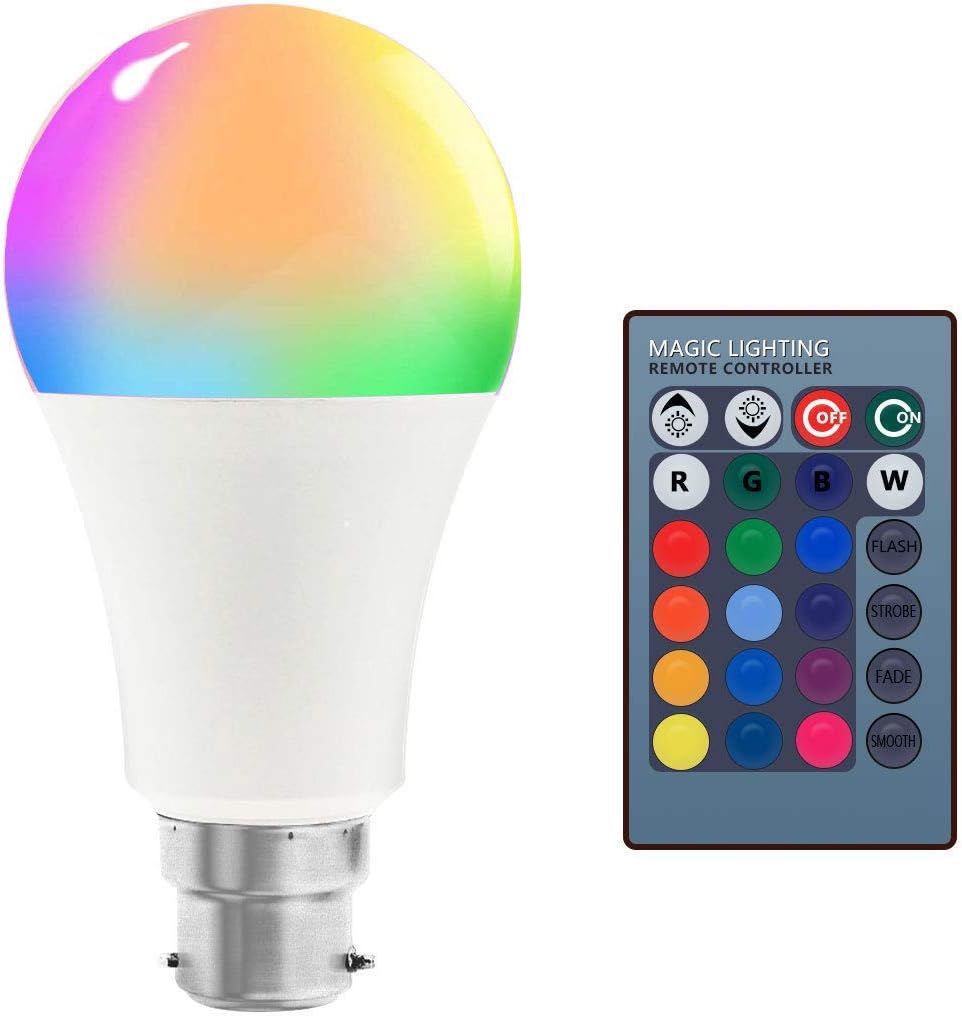 Colour Changing Light Bulbs, ONEEW Dimmable 10W B22 RGBW Warm White LED Light Bulbs with Timing, Memory & Sync Function, 16 Color Choices, for Home/Bar/Party/KTV Mood Ambiance Lighting
