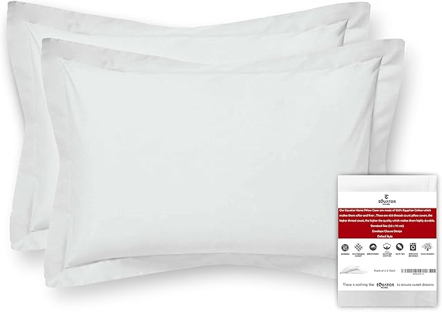 EQUATOR HOME Premium 100% Egyptian Cotton 350+ Thread Count Oxford Pillowcases 2 Pack - Ultra Soft & Highly Durable Standard Size Breathable Pillow Covers Pair 50x75 cm (White)
