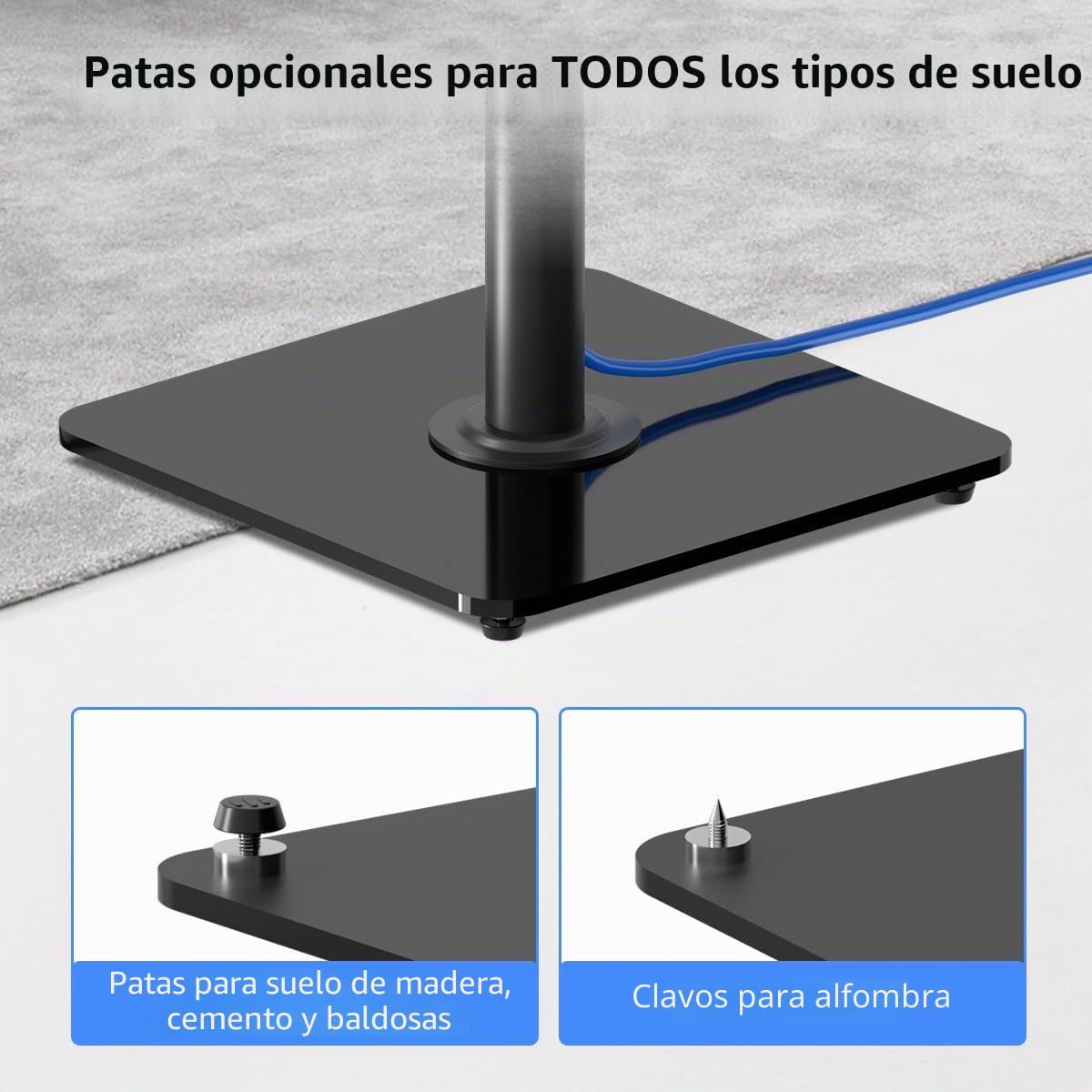 suptek Soportes de Suelo para Altavoces Envolventes: Par de Pies Regulables en Altura 86-113cm, Base de Vidrio Templado 30x30cm, Carga Máx. 10kg, Negro, SFM001