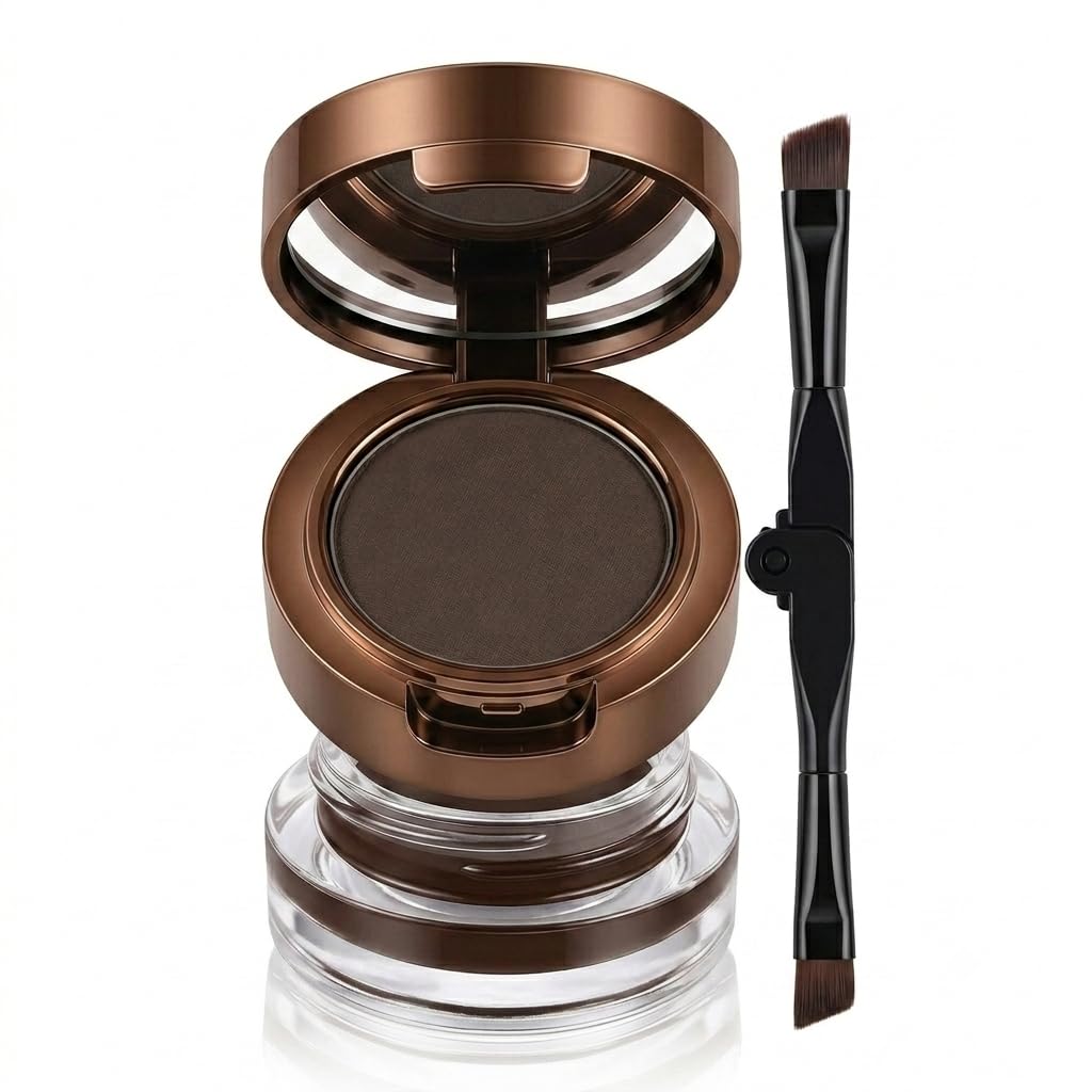 2-in-1 Eyebrow Powder & Gel Eyeliner Kit with Mirror and Dual-Ended Brush, Brow Powder and Cream Eyeliner Duo for Natural Brows, Winged Liner and Travel Touch-Ups(#02 Espresso Brown)