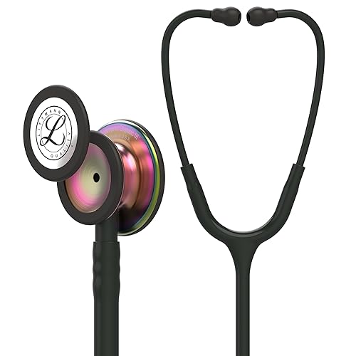 3M Littmann Classic III - Estetoscopio de monitoreo, pieza torácica con acabado arco iris, vástago y auriculares color negro, tubo negro, 27