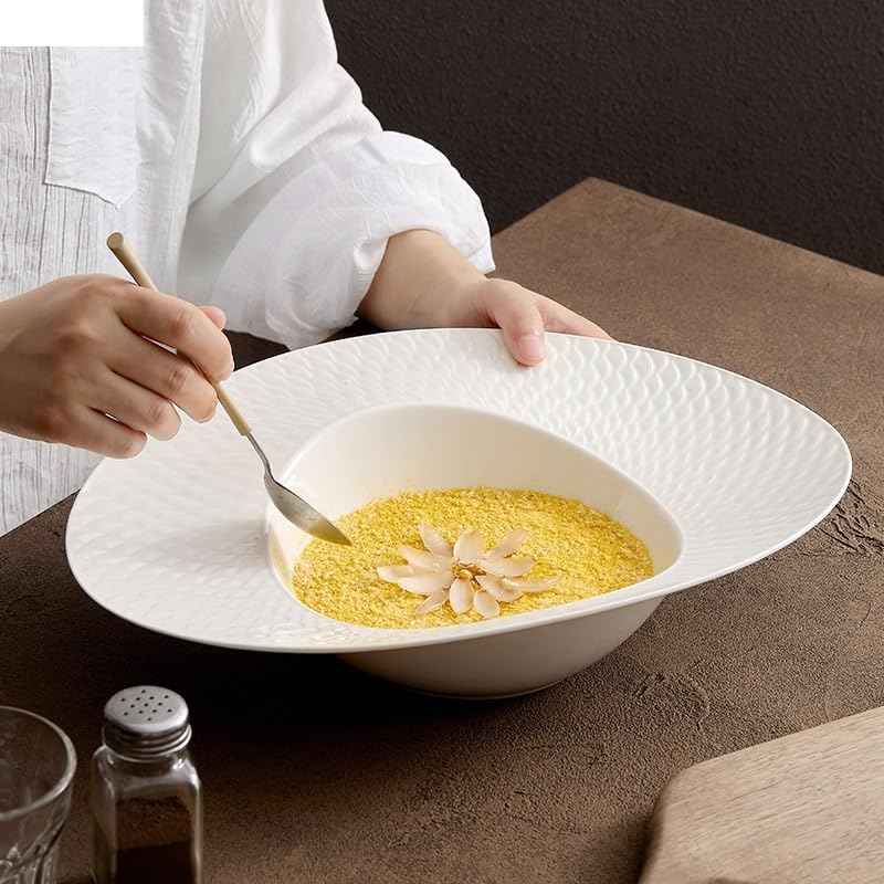Czysta biała łuskowata tekstura ceramiczna płyta sałatkowa gruba zupa talerz do restauracji talerz deserowy zastawa stołowa talerze sałatkowe talerze do sałatek 14,5 cala jeden rozmiar