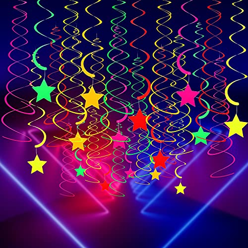 100 Pieces Glow Party Supplies Neon Hanging Swirl Decorations Neon Star Swirl Hanging Decorations for Neon Party Glow Party Birthday Party Ceiling Decorations