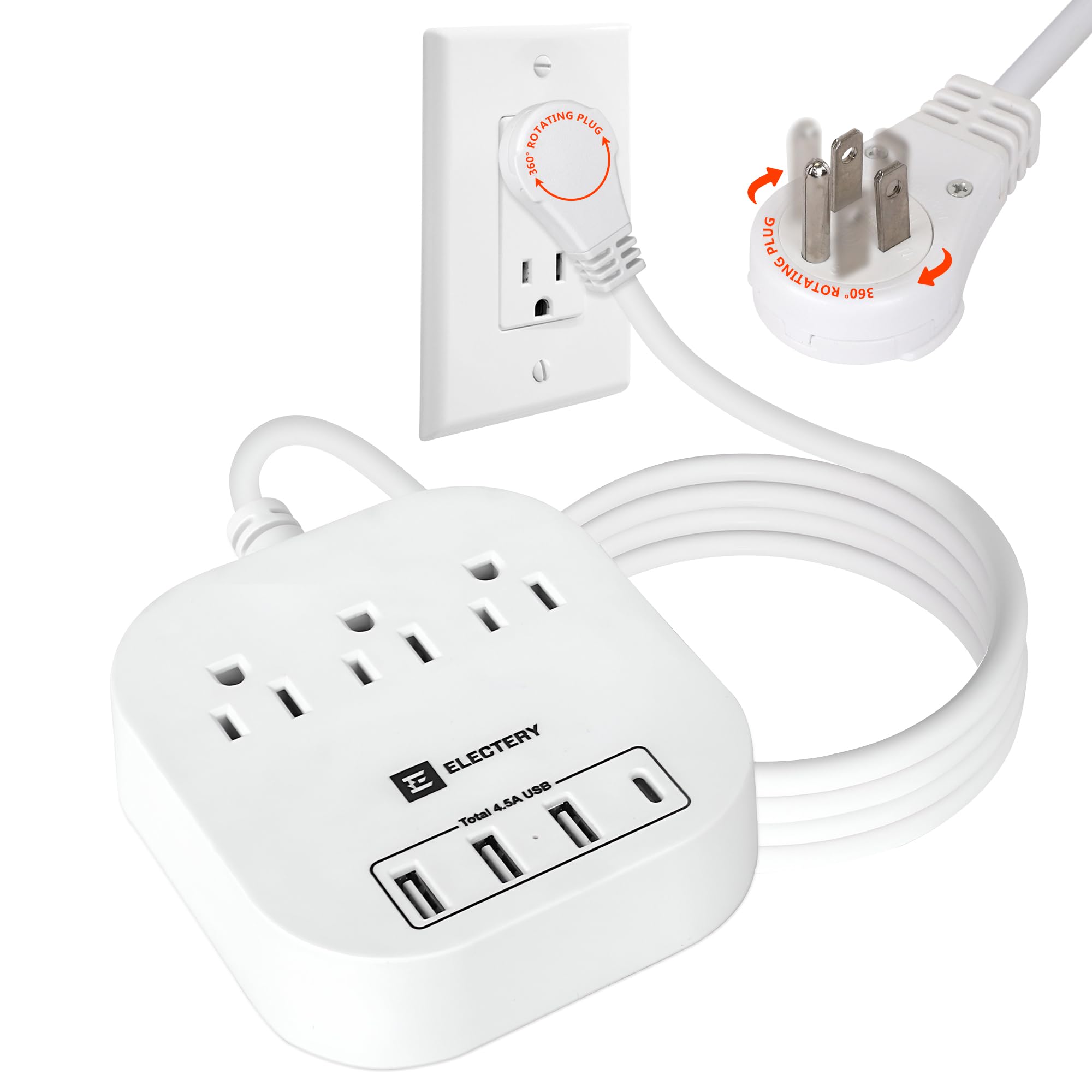 ELECTERY 360° Rotating Flat Plug Power Strip, 6 Ft Extension Cord with 3 AC Outlets, 4 USB Ports 16 AWG Wire for Home, Office, and Travel - ETL