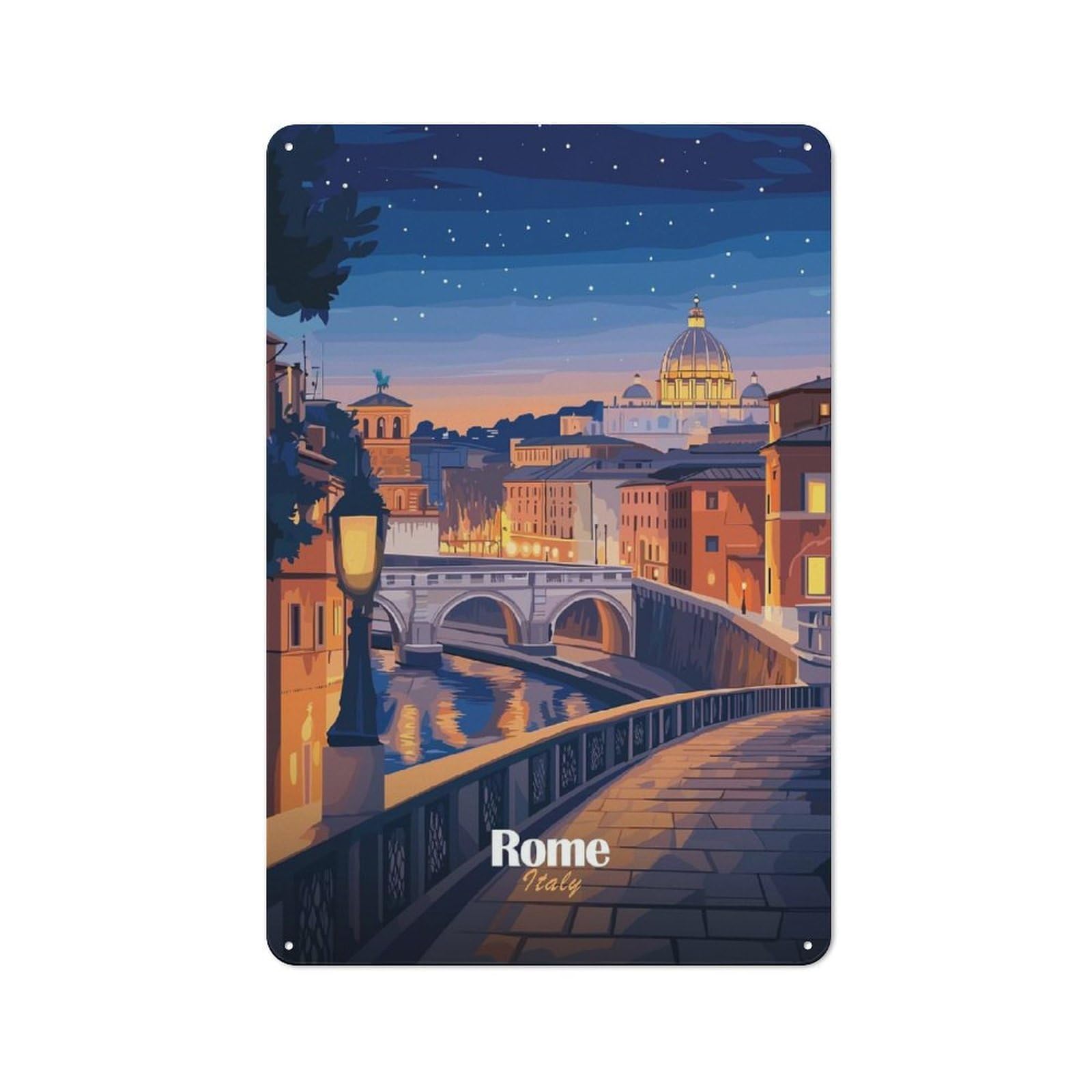 Junmoney Style-19 Rome Cityscape At Dusk Rustic Metal Wall Sign 30X20cm For Living Room Wall, For Kitchen, Dining Room And Home Bar Wall Decor