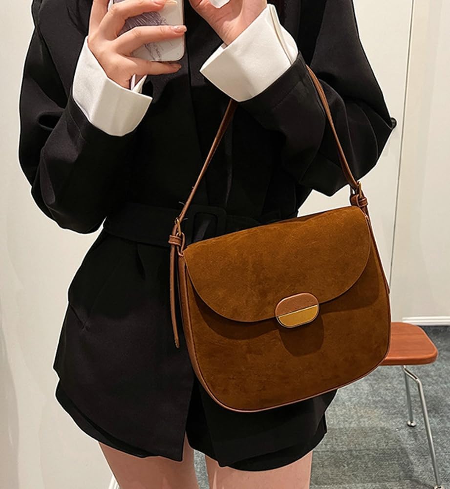 Burgundy Suede Shoulder Bags For Women Brown Suede Small Trendy Wine Crossbody Bag Saddle Suede Satchel Bag - Image 2