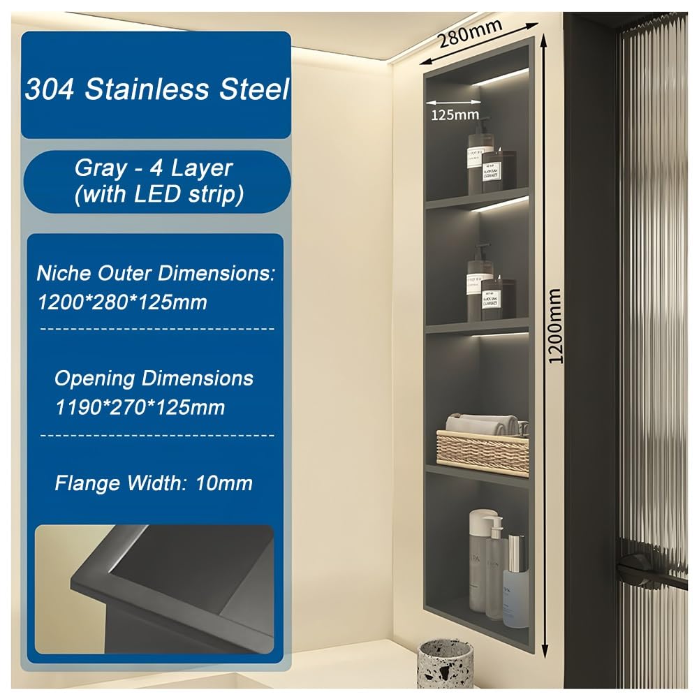 Estante de ducha LED empotrado de 4 niveles, impermeable, de acero inoxidable, para guardar champú, montaje en pared, solución de baño, no necesita azulejos (gris, 1200 x 280 x 125 mm)