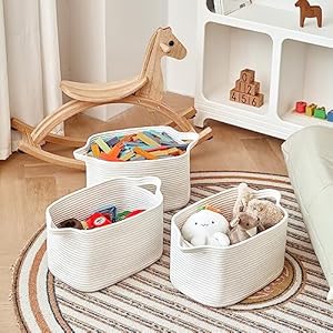 Cotton Rope Storage Basket Set of 3 (15"x10.2"x9.1") - Rectangle Storage Bins - Versatile Toy Storage Organizer - Perfect for Kids, Dog Toys, Books, Shelves - White Cotton Rope Storage Basket Set of 3 15x102x91 Rectangle Storage Bins Versatile Toy Storage Organizer Perfect for Kids Dog Toys Books Shelves White