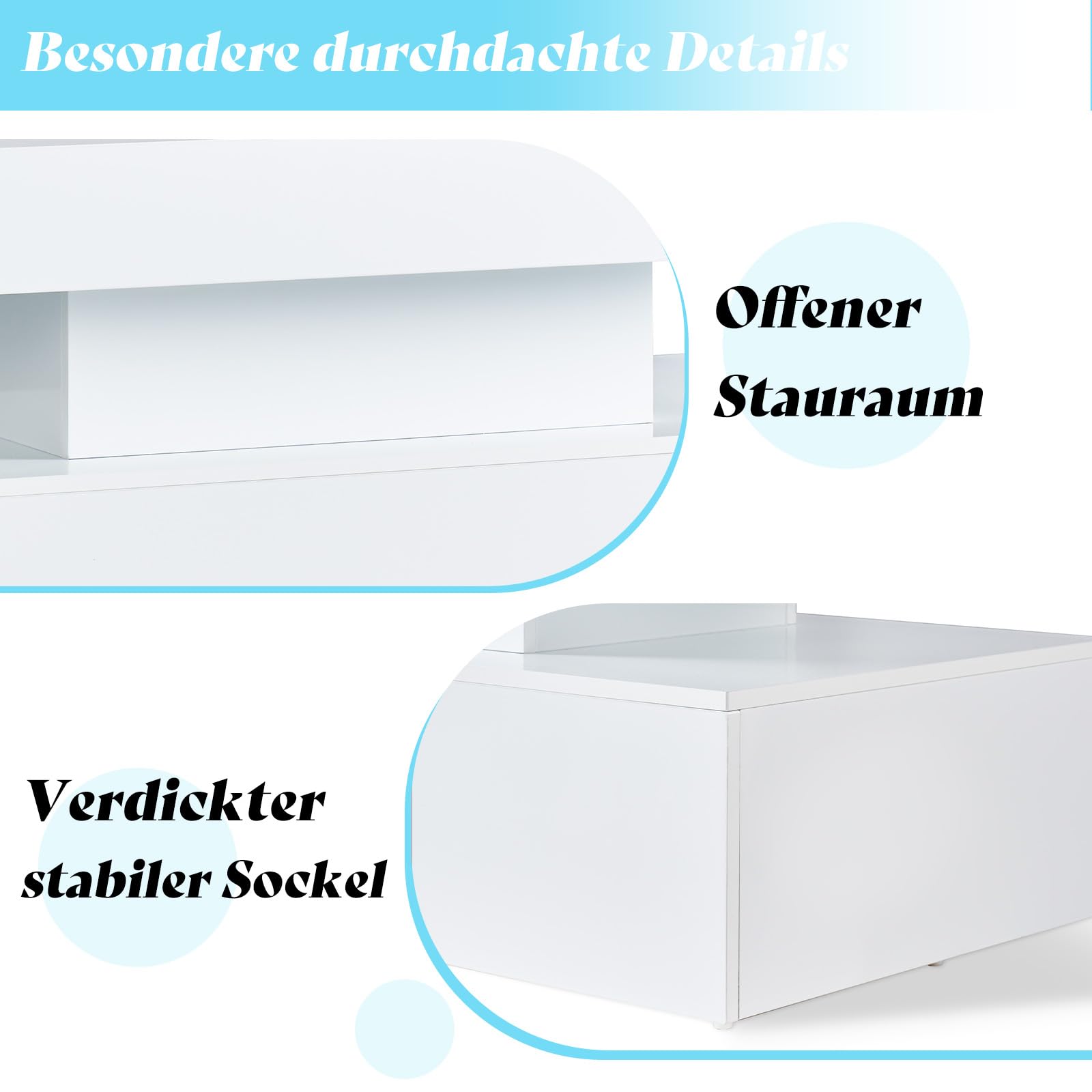 LUXOAK 100 cm Couchtisch Hochglanz mit LED, 2 Ebenen, Stauraum Weiß | RGB-Beleuchtung per App, Offene Ablagefläche, Modernes Design, Robuste Konstruktion, Vielseitig nutzbar