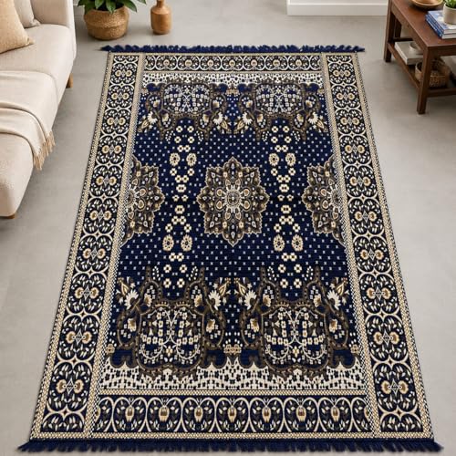 Image of 5x7 Feet Carpet for Living Room | Acrylic Cotton Area Rug | Soft, Durable & Lightweight | Anti-Slip Floor Rug for Bedroom, Hall, Office | Large Washable Carpet (Golden Blue)