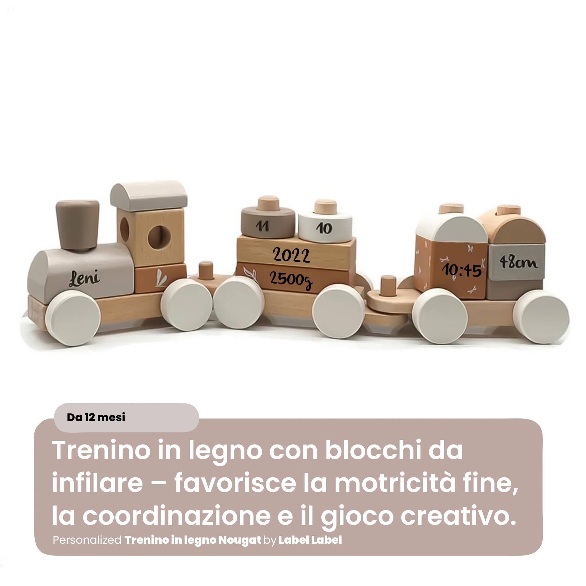 Personalizzabile treno impilabile in legno Nougat – gioco educativo & motricità fine – per bambini 18+ mesi – personalizzato con nome e data – Label Label
