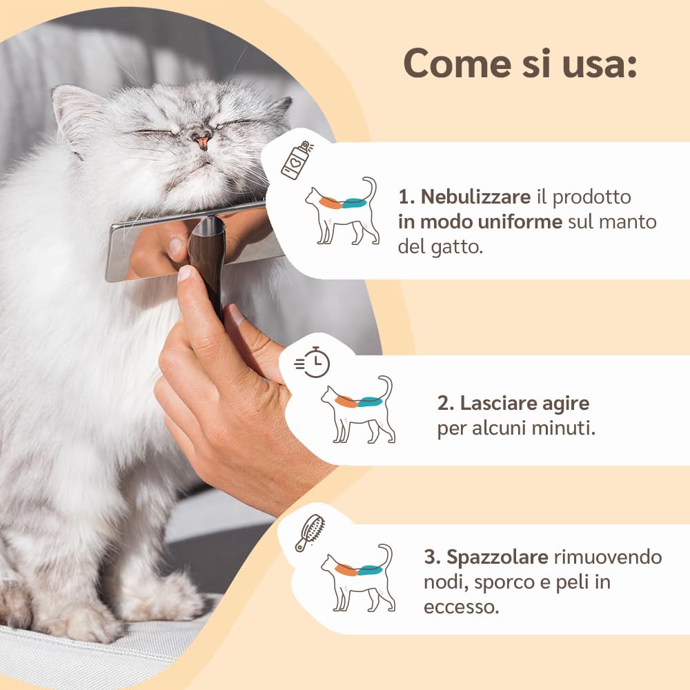 amusi Spray Snoda Pelo per gatti 250 ml 100% Naturale e Vegano - Sciogli Nodi e Districante Gatti - Rende il Pelo morbido e lucente - Non necessita di Risciacquo e Profuma. Per Tutti i Tipi di Pelo