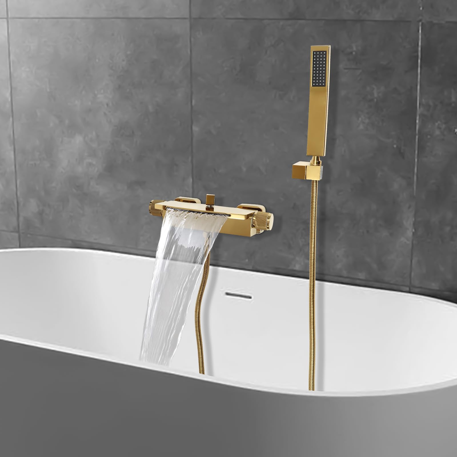 Grifo de bañera para bañera, grifo de cascada, grifo de ducha, grifo caliente y frío, grifo de mano de latón para aguas, hoteles, pensiones (dorado)