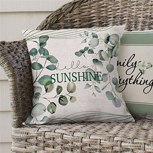 Fiberomance Spring Summer Pillow Covers 18X18 Inch Set Of 4Hello Sunshine Eucalyptus Home Sweet Home Family Is Everything Decorative Throw Pillow Covers Summer Decorations Home Decor 724 #TOP2